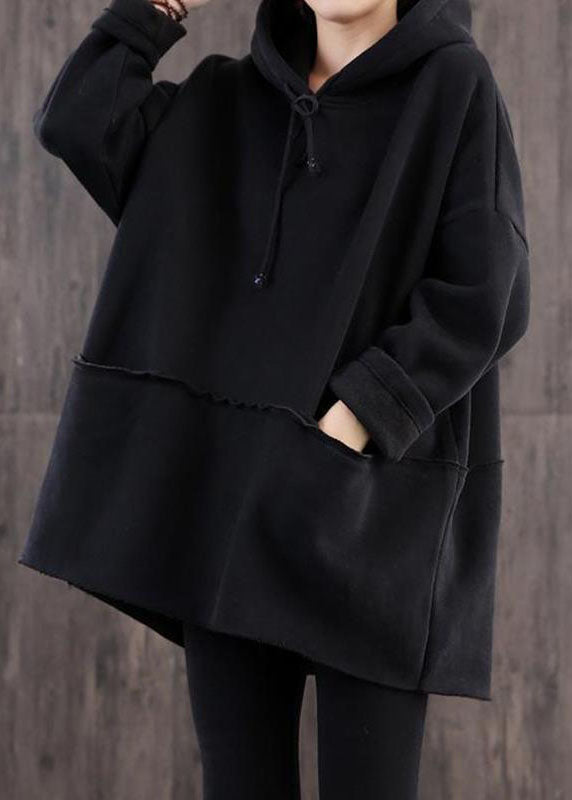 Style Black Hooded Drawstring Warm Fleece Sweatshirt Winter