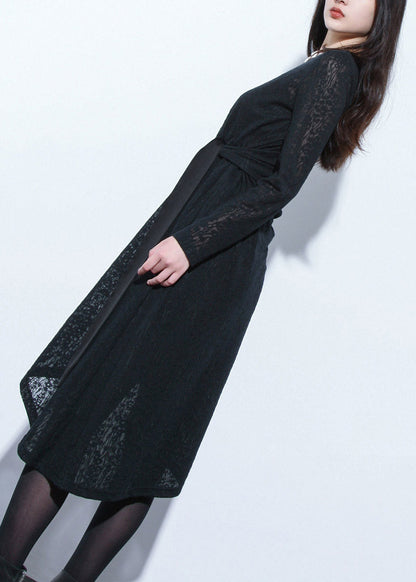 Style Black O-neck Hollow Out Low High Design Lace Long Dress Long Sleeve