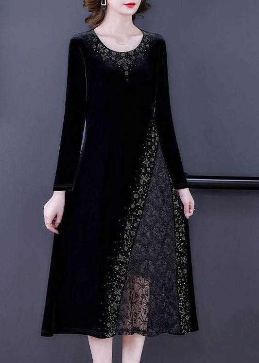 Style Black O-neck Lace Patchwork Hollow Out Silk Velour Dress Spring