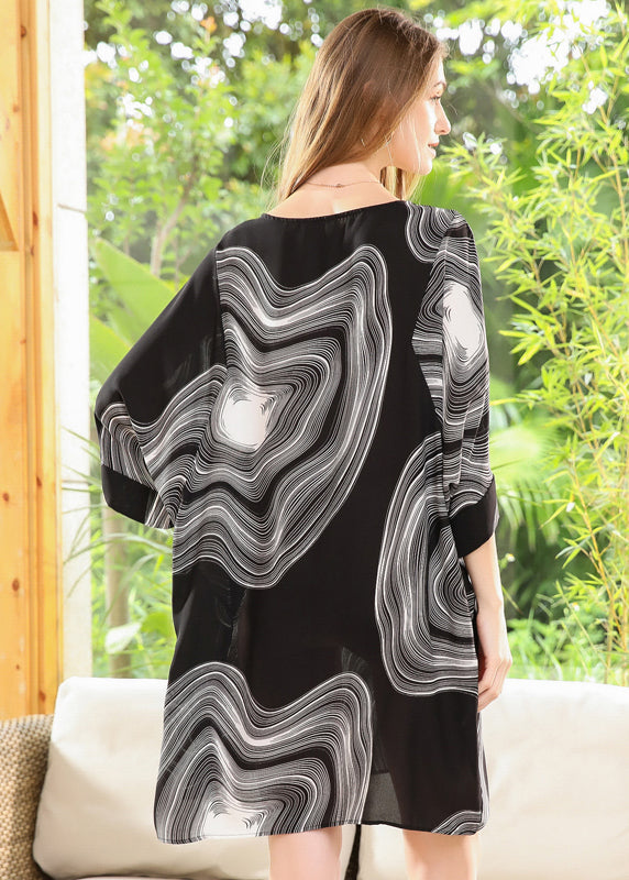 Style Black O-neck Oversized Print Chiffon Robe Dresses Batwing Sleeve