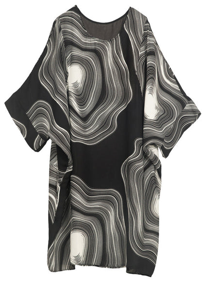 Style Black O-neck Oversized Print Chiffon Robe Dresses Batwing Sleeve