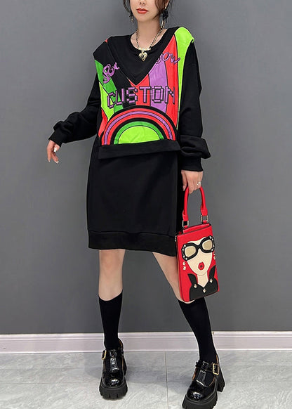 Style Black O-neck Patchwork Fake Two Pieces Cotton Mid Dresses Fall