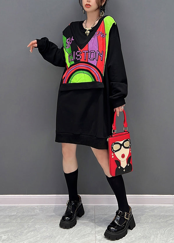 Style Black O-neck Patchwork Fake Two Pieces Cotton Mid Dresses Fall