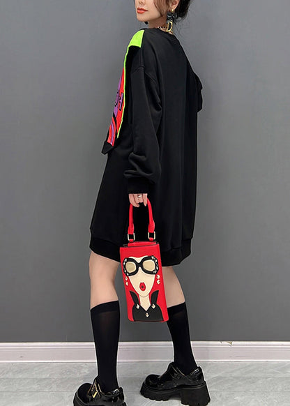 Style Black O-neck Patchwork Fake Two Pieces Cotton Mid Dresses Fall