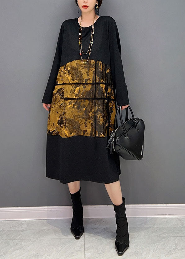 Style Black O-neck Patchwork Print Cotton Maxi Dress Spring
