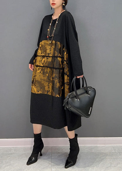 Style Black O-neck Patchwork Print Cotton Maxi Dress Spring
