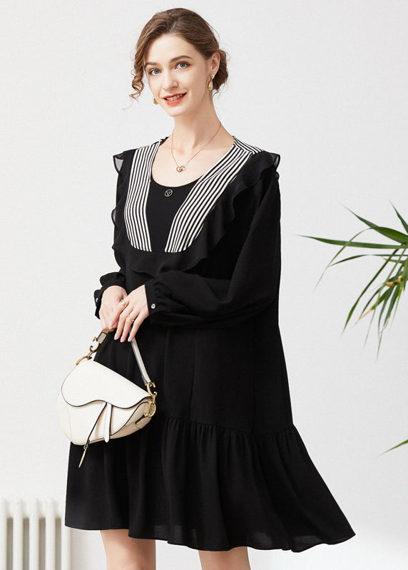 Style Black O-neck Patchwork Ruffles Chiffon Party Dress Spring
