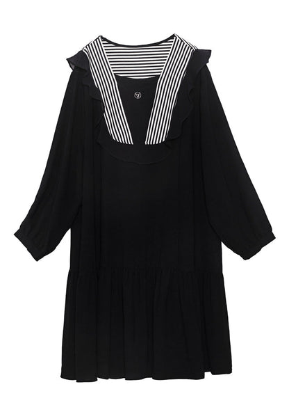 Style Black O-neck Patchwork Ruffles Chiffon Party Dress Spring