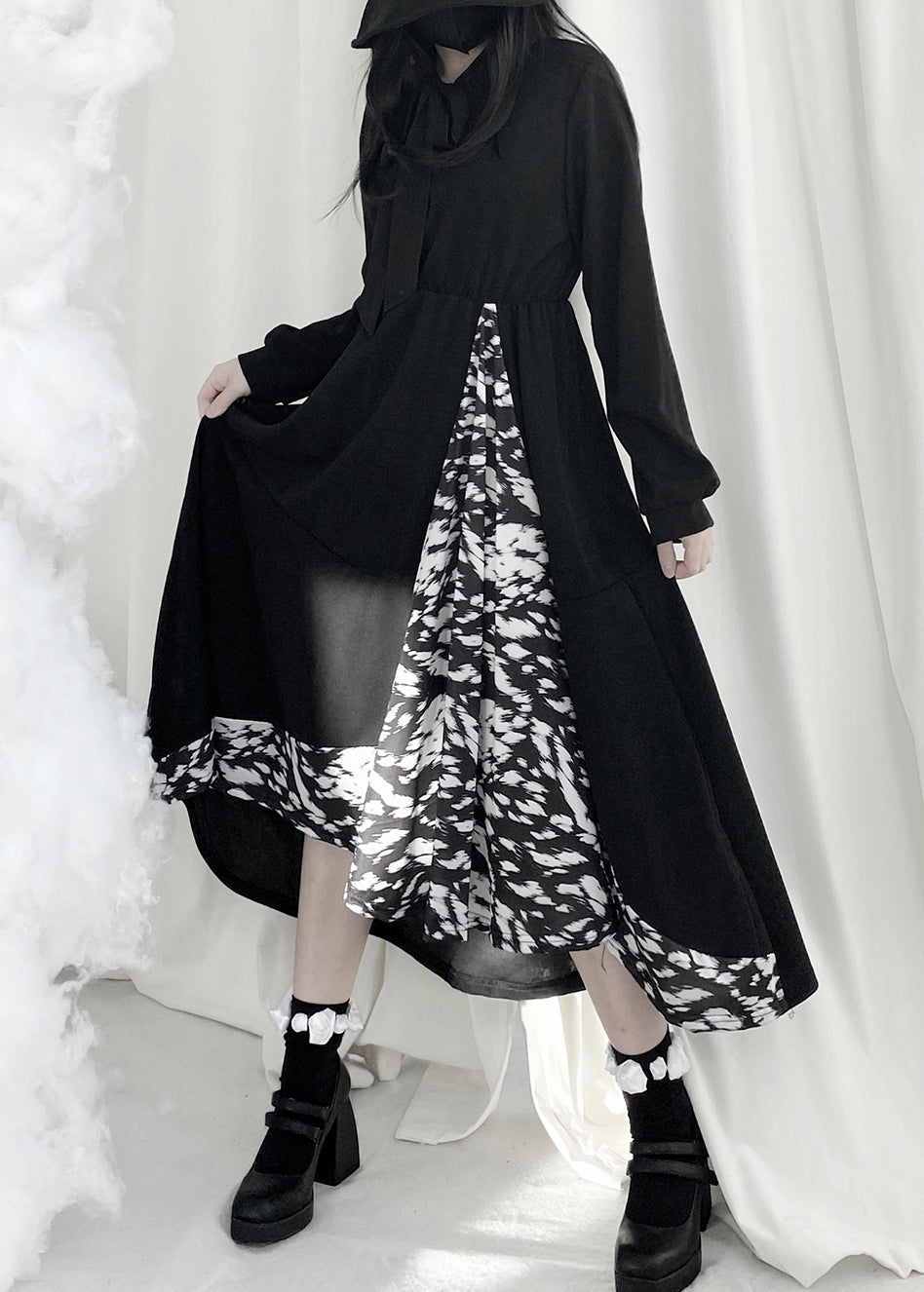 Style Black O-neck Print Patchwork High Waist Long Dresses Fall