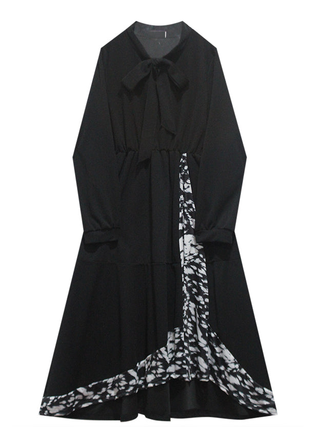 Style Black O-neck Print Patchwork High Waist Long Dresses Fall