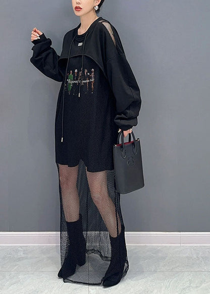 Style Black O-neck Print Tulle Patchwork Fake Two Pieces Long Dresses Fall