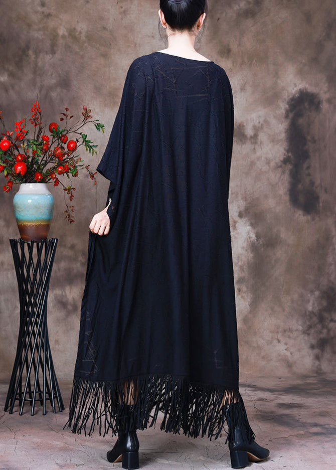 Style Black O-neck Tassel Maxi Dress Long Sleeve