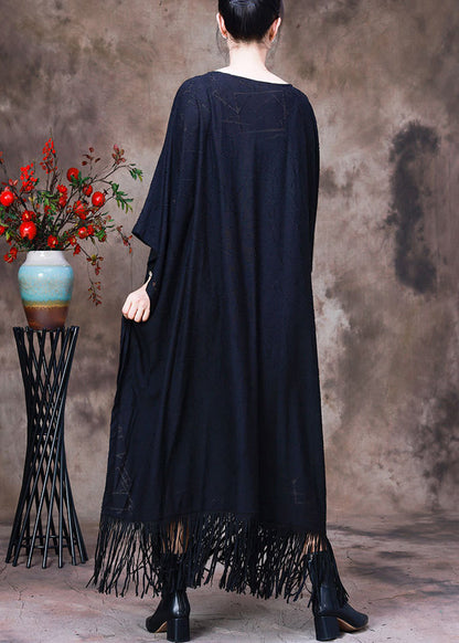 Style Black O-neck Tassel Maxi Dress Long Sleeve