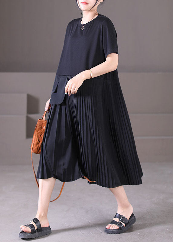 Style Black O-neck Wrinkled Patchwork Chiffon Pleated Dresses Short Sleeve