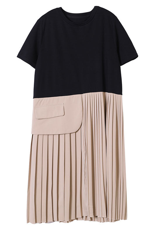 Style Black O-neck Wrinkled Patchwork Chiffon Pleated Dresses Short Sleeve