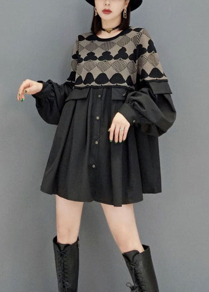 Style Black O-neck Button Print Patchwork Knit Dresses Spring