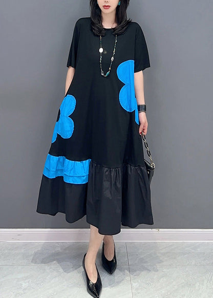 Style Black Patchwork Blue O-neck Print Vacation Long Dresses Summer