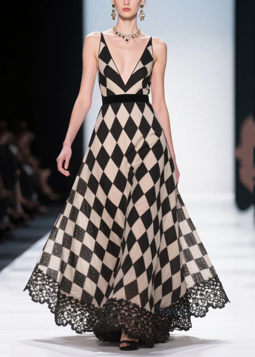 Style Black Plaid Patchwork Lace Chiffon Evening Dress Summer