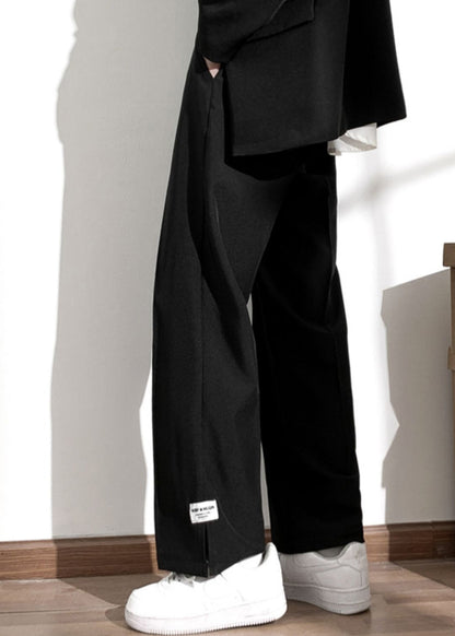 Style Black Pockets Elastic Waist Side Open Pants Summer