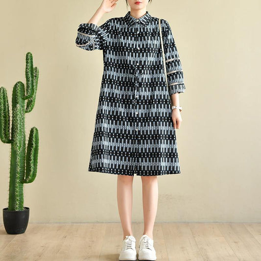Style Black Print Chiffon Button Summer Dresses
