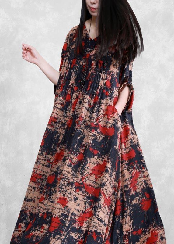 Style Black Print Tunics V Neck Large Hem Robe Spring Dresses