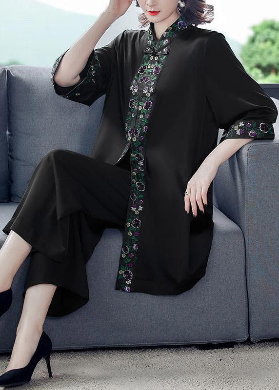 Style Black Stand Collar Print Top and Crop Pants Two Piece Set Summer