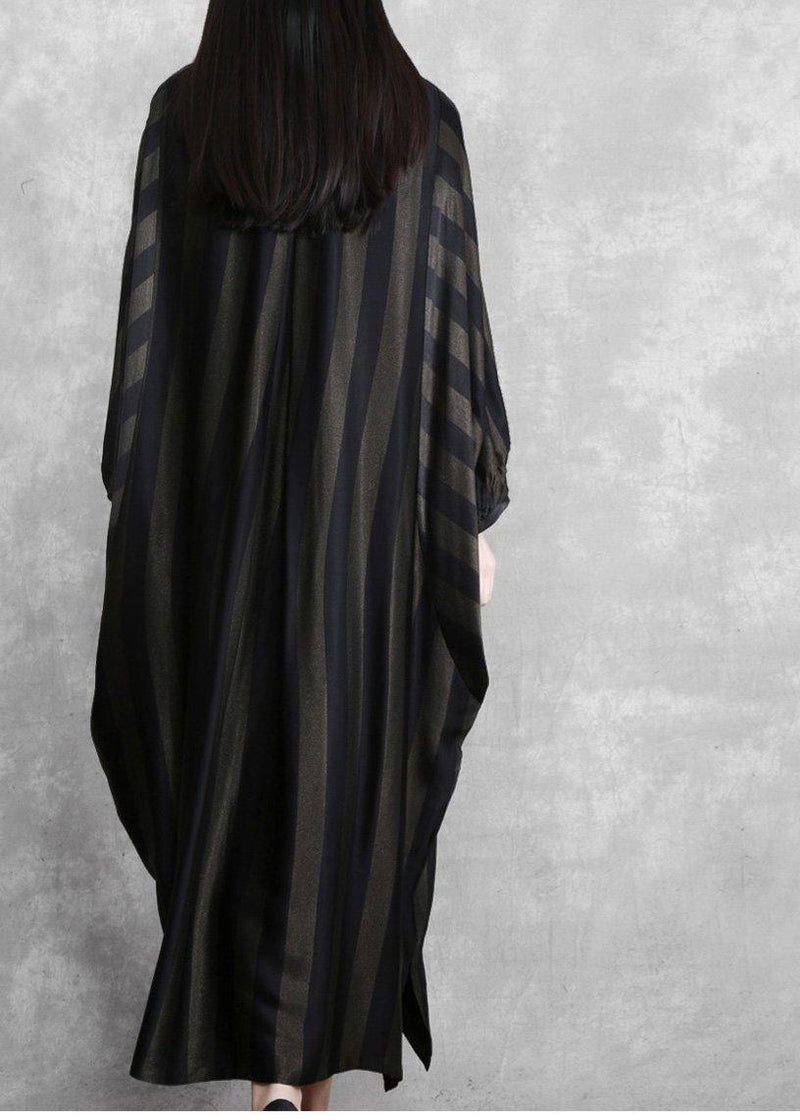 Style Black Striped Silk Maxi Dress Batwing Sleeve a Line Dresses