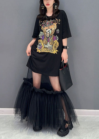 Style Black Tulle Ruffled Cartoon Print Patchwork Cotton Dress Summer