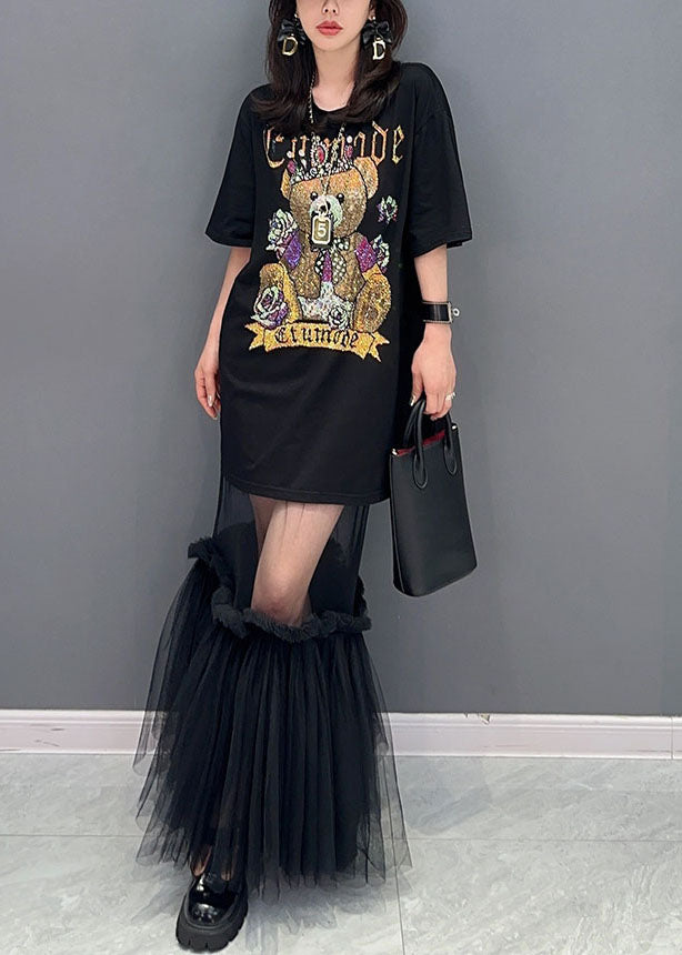 Style Black Tulle Ruffled Cartoon Print Patchwork Cotton Dress Summer