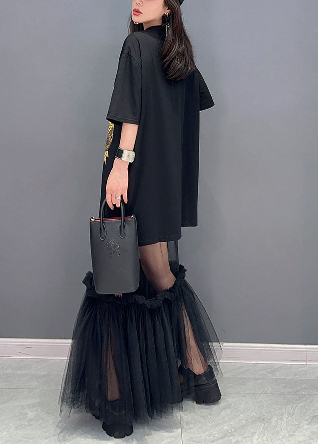Style Black Tulle Ruffled Cartoon Print Patchwork Cotton Dress Summer