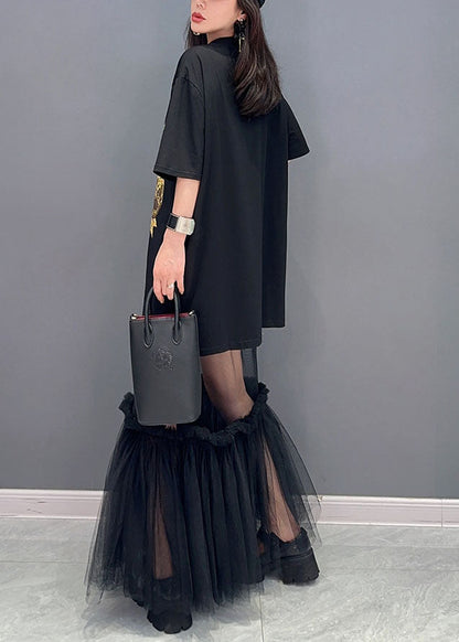 Style Black Tulle Ruffled Cartoon Print Patchwork Cotton Dress Summer