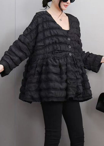 Style Black V Neck Patchwork Parka Puff Sleeve