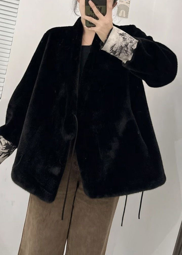 Style Black V Neck Tie Waist Patchwork Leather and Fur Coats Winter