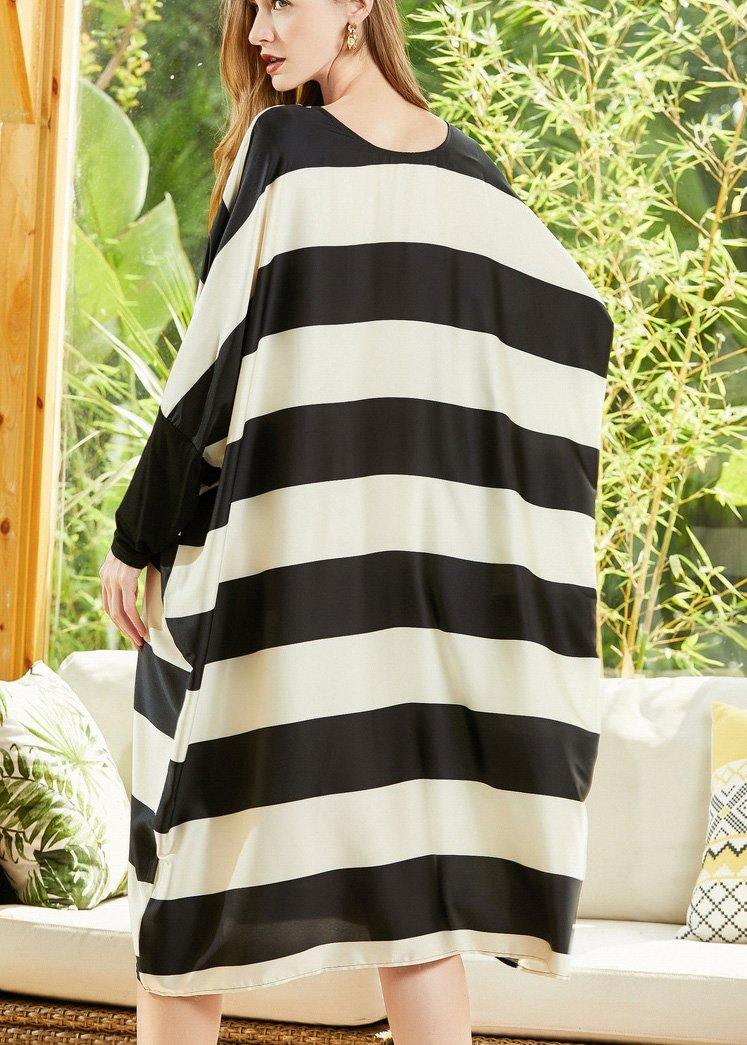 Style Black White Striped Chiffon Batwing Sleeve Spring Dress