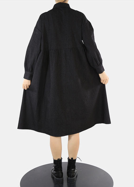 Style Black Asymmetrical Design Cinched Peter Pan Collar Denim Dress Spring