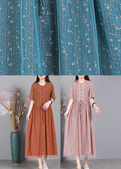 Style Blue Embroideried Ruffles Tulle Long Dresses Short Sleeve