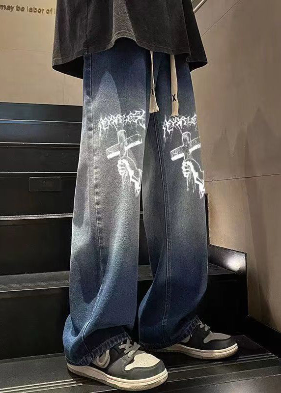 Style Blue Gradient Print Pockets Denim Wide Leg Pants Fall