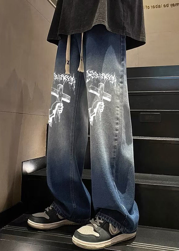 Style Blue Gradient Print Pockets Denim Wide Leg Pants Fall