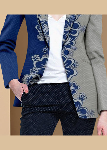 Style Blue Grey Button Peter Pan Collar Print Western-style Clothes Coat Long Sleeve