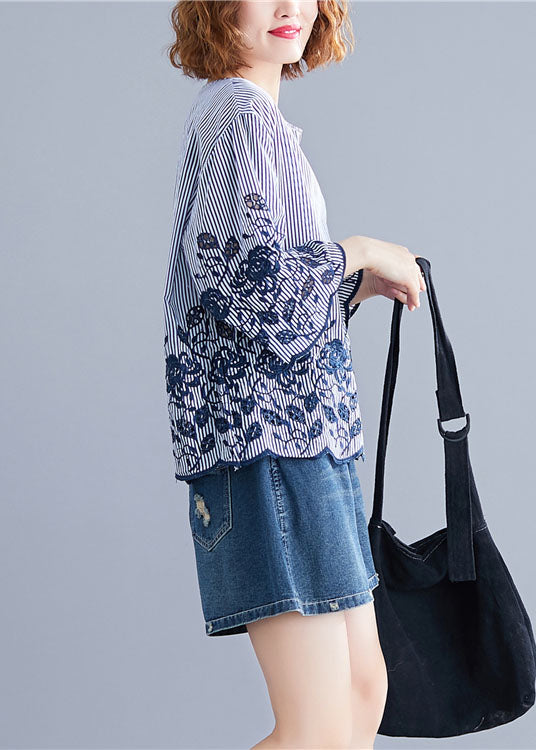 Style Blue O-neck Embroideried Striped Cotton Tops Bracelet Sleeve