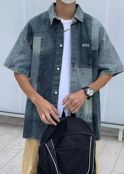 Style Blue Peter Pan Collar Patchwork Denim Shirts Summer