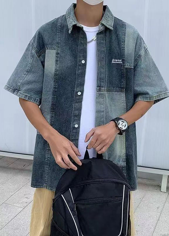 Style Blue Peter Pan Collar Patchwork Denim Shirts Summer