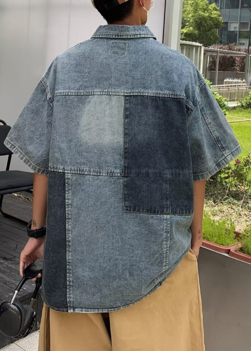 Style Blue Peter Pan Collar Patchwork Denim Shirts Summer