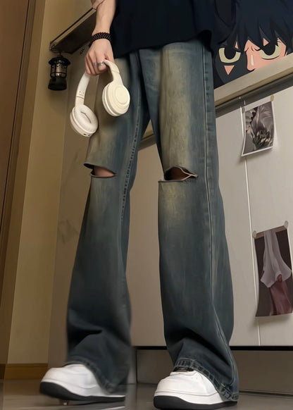 Style Blue Pockets High Waist Ripped Denim Pants Fall
