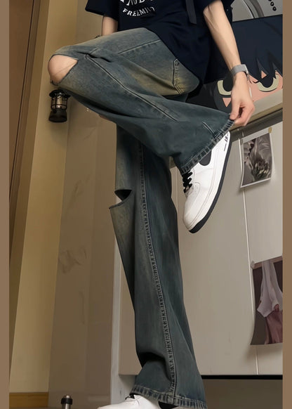 Style Blue Pockets High Waist Ripped Denim Pants Fall