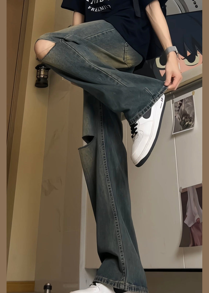 Style Blue Pockets High Waist Ripped Denim Pants Fall