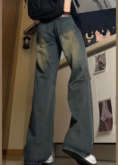 Style Blue Pockets High Waist Ripped Denim Pants Fall