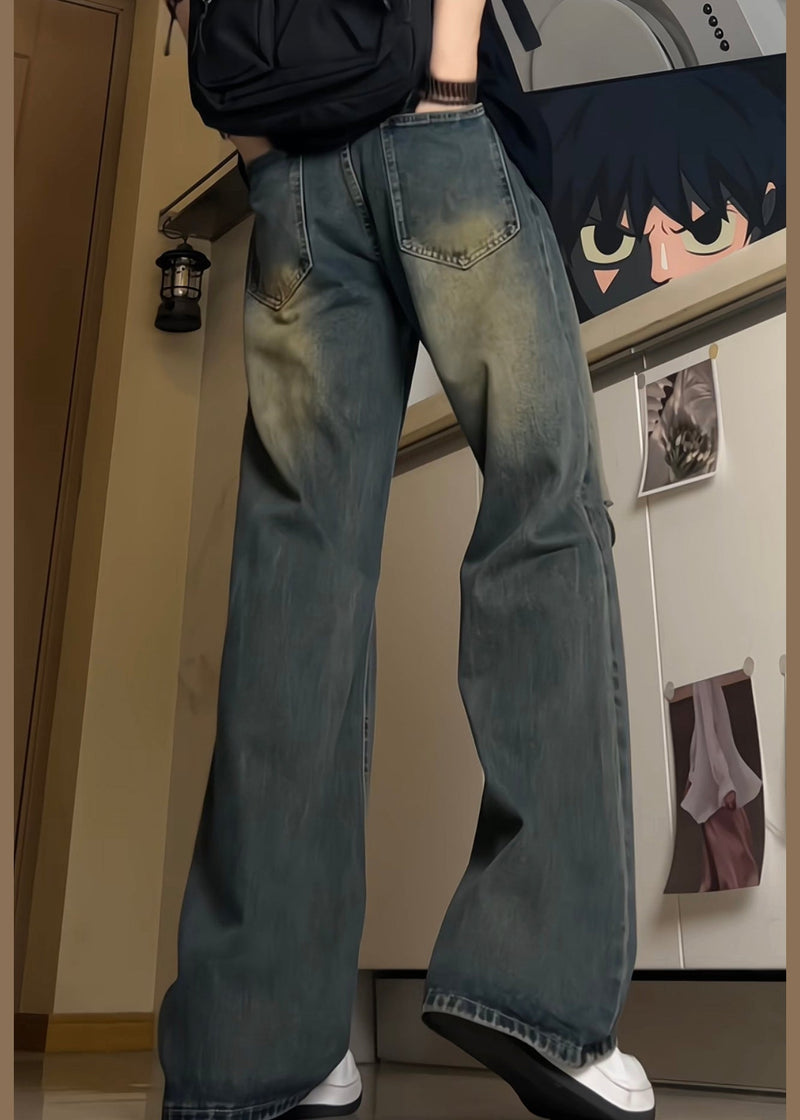 Style Blue Pockets High Waist Ripped Denim Pants Fall