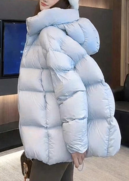 Style Blue Pockets Patchwork Hooded Parka Winter