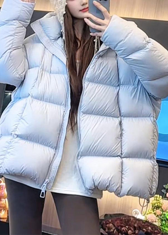 Style Blue Pockets Patchwork Hooded Parka Winter